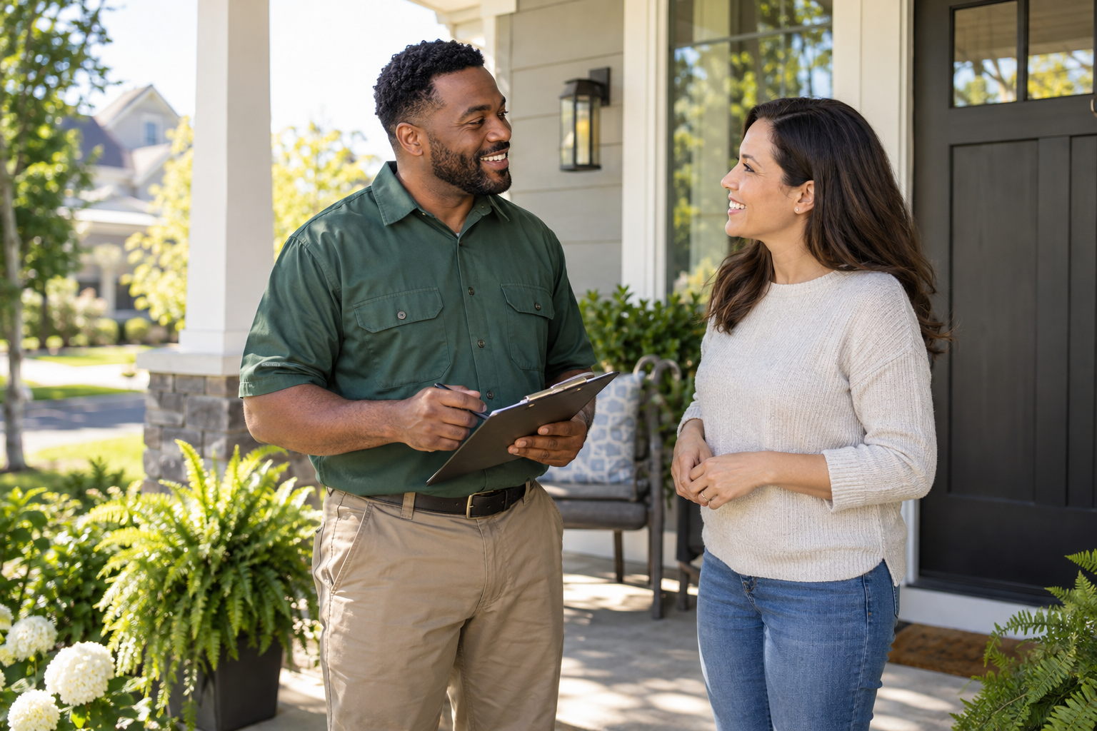 A home service professional discussing a project with a homeowner on her porch
